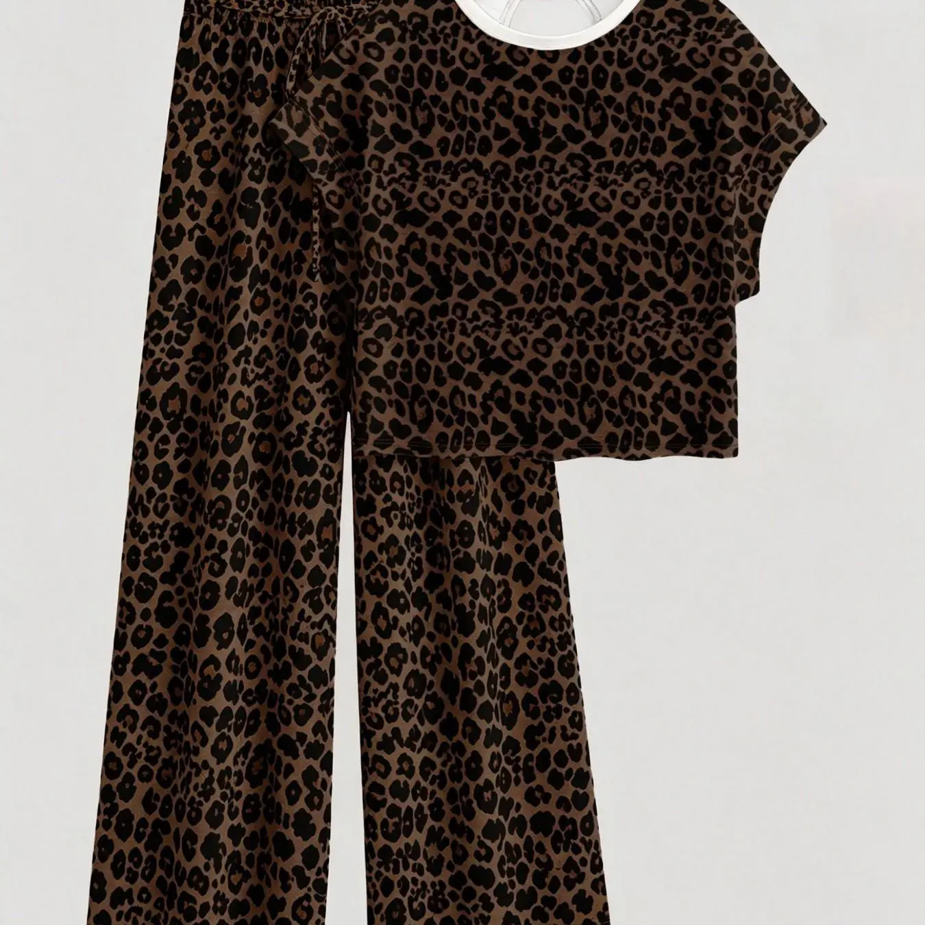 Women's Leopard Print Casual Loungewear Homewear Pajamas Two-Piece Set, Round Neck Short Sleeve Backless Top & Lounge Long Pants, Comfortable Wear, Casual Loungewear Sleepwear