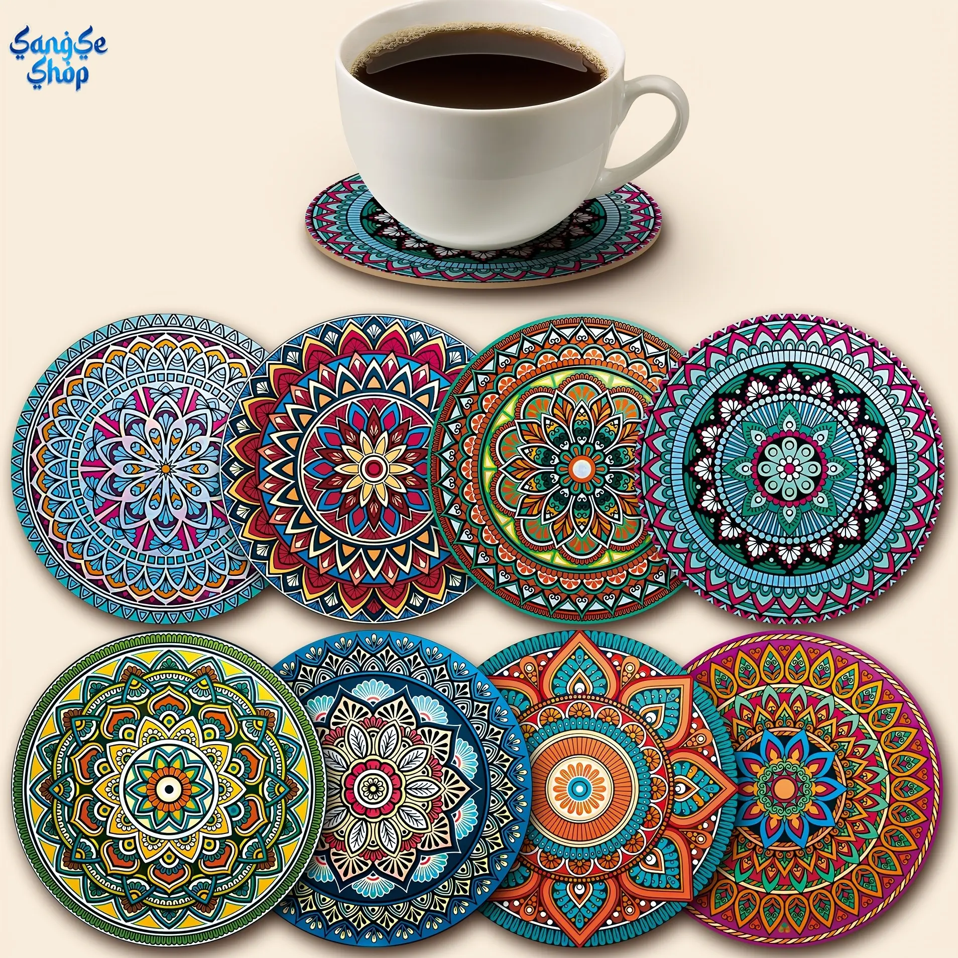 Boho Style Cup Mats 8-Piece Mandala Wooden Coasters, Heat-Resistant Practical Drink Mats, Coaster for Desk, Protects Tables for Home & Parties Use, 3.94"x3.94", Vibrant