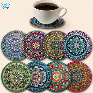 8-Piece Boho Mandala Wooden Coasters, Heat-Resistant Drink Mats for Desk, Decorative Table Protection for Home & Bar Use, 3.94" x 3.94", Coaster For Desk, 3.94"X3.94"