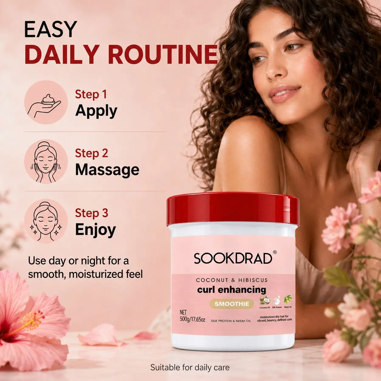 Curl Enhancing Smoothie, Coconut, Hibiscus, Silk Protein, Neem Oil, Moisturize Dry Hair, Boost Vibrant Bouncy Defined Curls, For Curly Hair, 500g/17.65oz