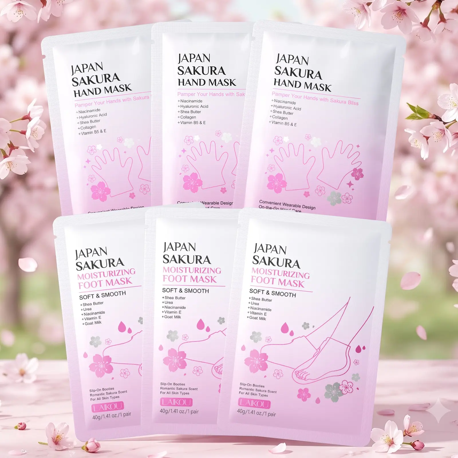 LAIKOU Japan Sakura Hand and Foot Mask Set, 6 Pairs Total - Hand Foot Masks Wearable Moisturizing Gloves (3 Pack) & Hydrating Booties (3 Pack) for Dry Hands & Feet, Deep Nourishment with Niacinamide & Shea Butter
