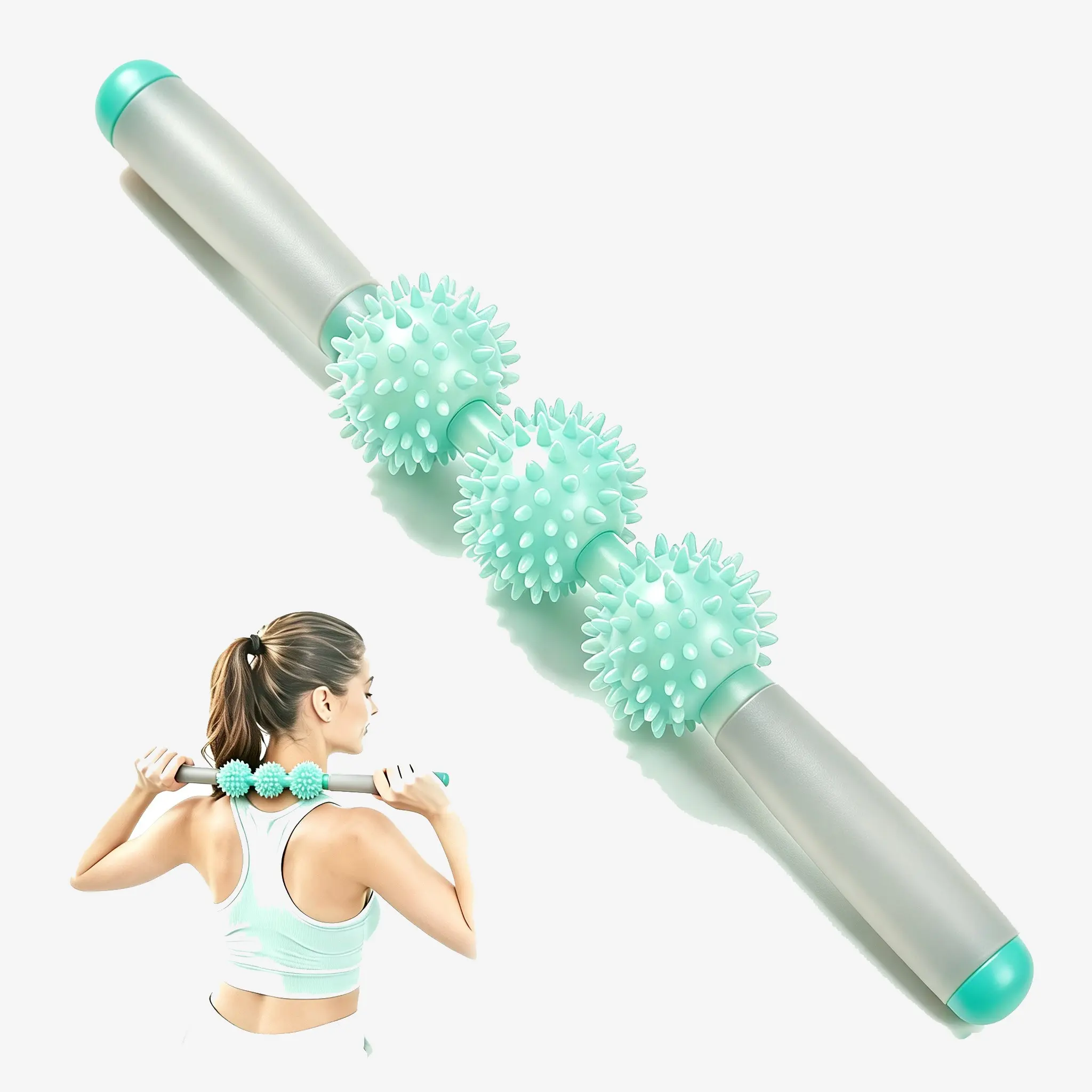 Three-ball spiked massage fascia stick in mint green, muscle roller, cellulite massager, pressure muscle massage stick, massage tool, hedgehog massage stick, muscle relaxation tool, suitable for full-body massage to relieve muscle soreness.