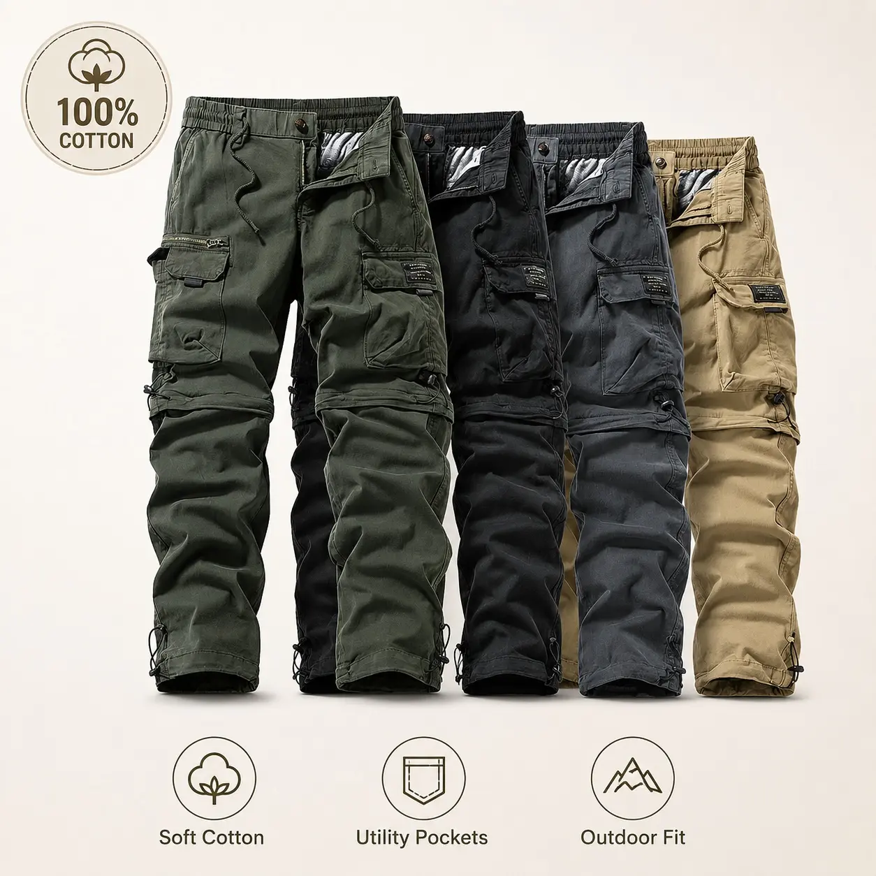 Men’s 100% Cotton Zip-Off Tactical Cargo Pants, Convertible Outdoor Utility Pants with Multi Pockets, Elastic Waist, and Adjustable Hem,Slim