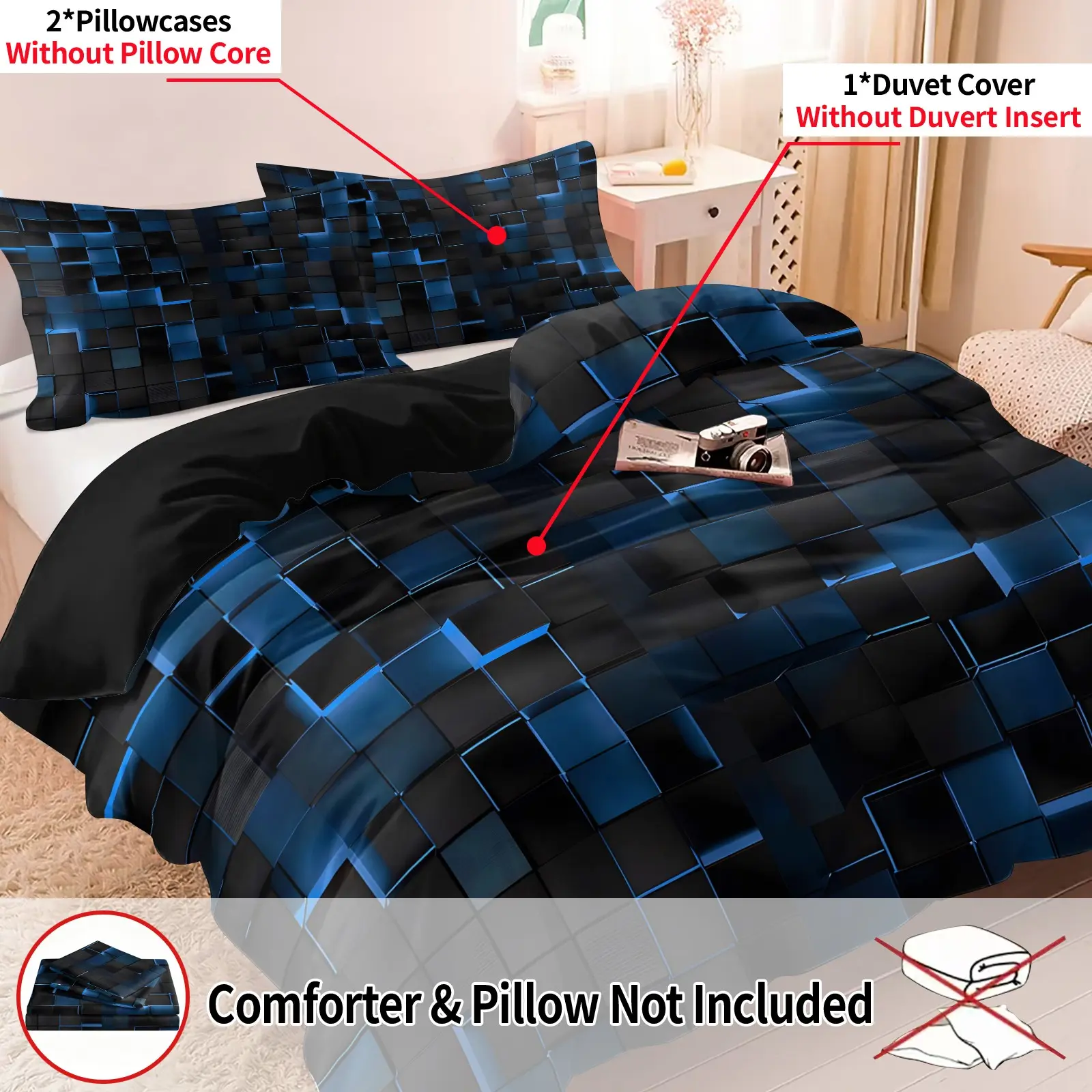 3PCS Black Blue Geometric Decorative, Printed Bedding Set, Includes 1 Duvet Cover + 2 Pillowcases, Soft, Comfortable & Breathable All Seasons, High Definition Digital Print, 3D Cube Grid Design, Decor For Teens Bedroom Dorm