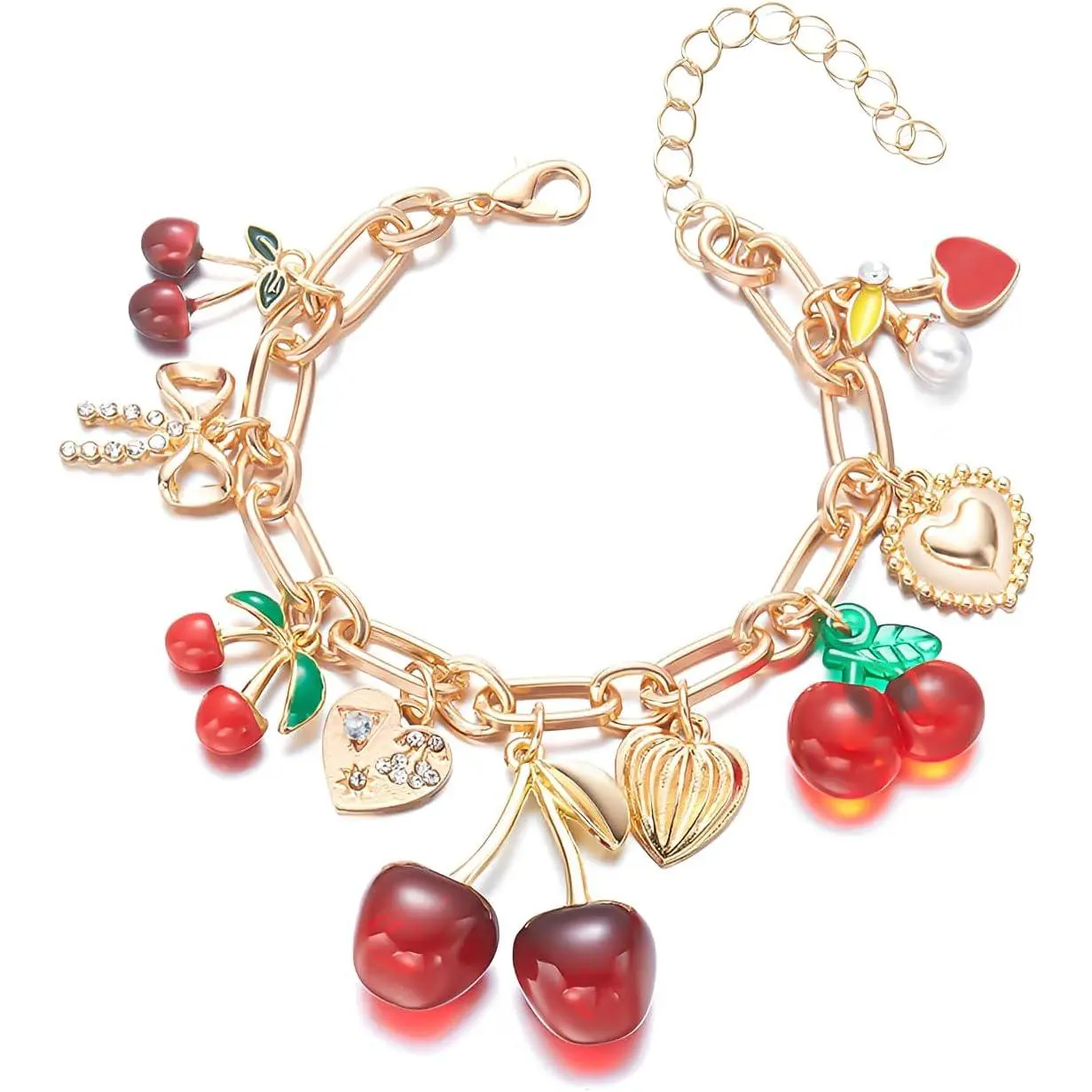 Red Cherry  Bow Heart Charm Bracelet for Women Realistic  Cherry Bracelet Cute Cherries Fruit  Spring Dress Outfits Accessories for Her