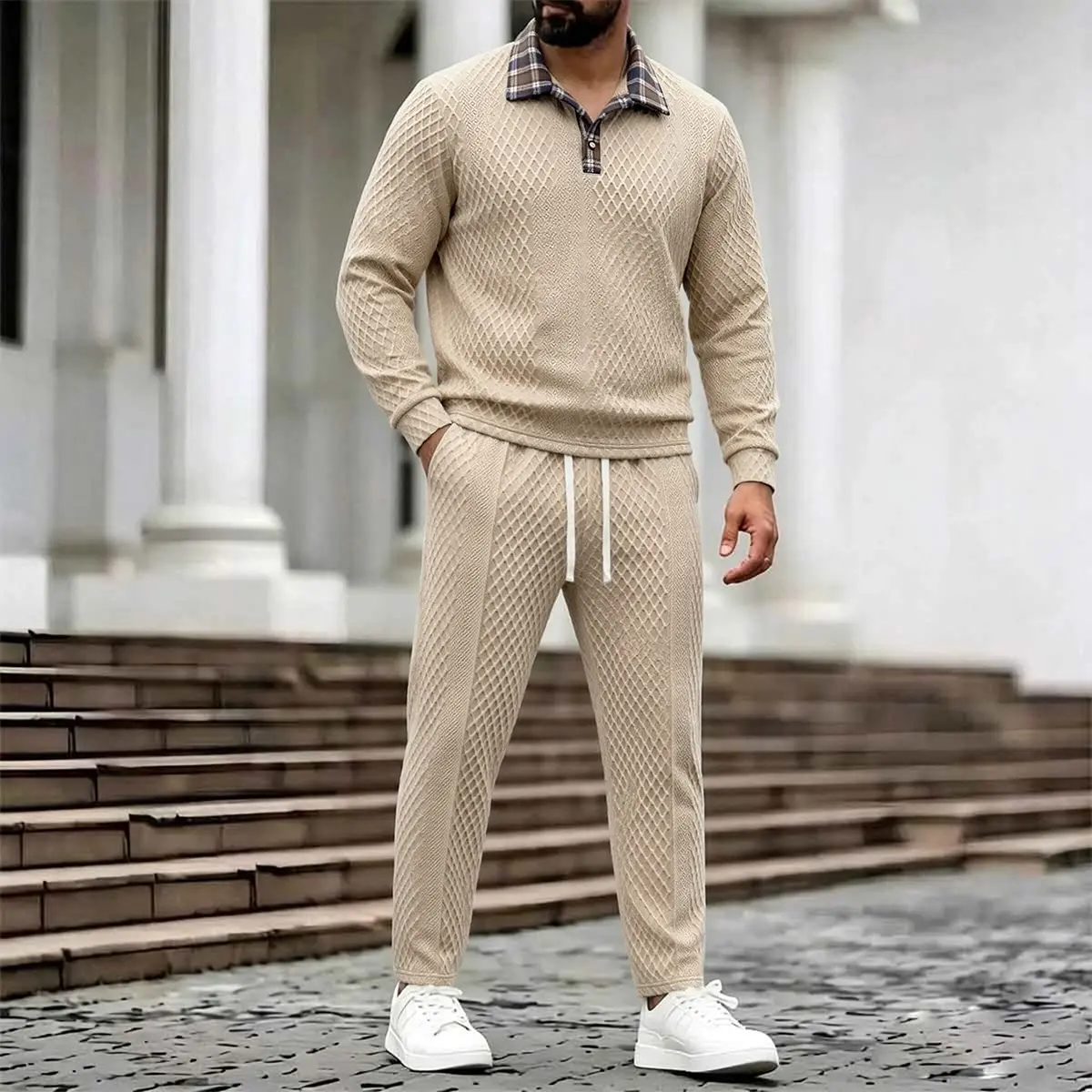 Men Trendy Moderate Baggy Fit Full Diamond Embossed Contrast Collar Tracksuit Versatile Retro Neutral Palette Uniform Continuous Jacquard Texture Reinforced Cuff And Hem Seams Adjustable Waist Drawstring Shape Retentive Anti Pilling, Menswear