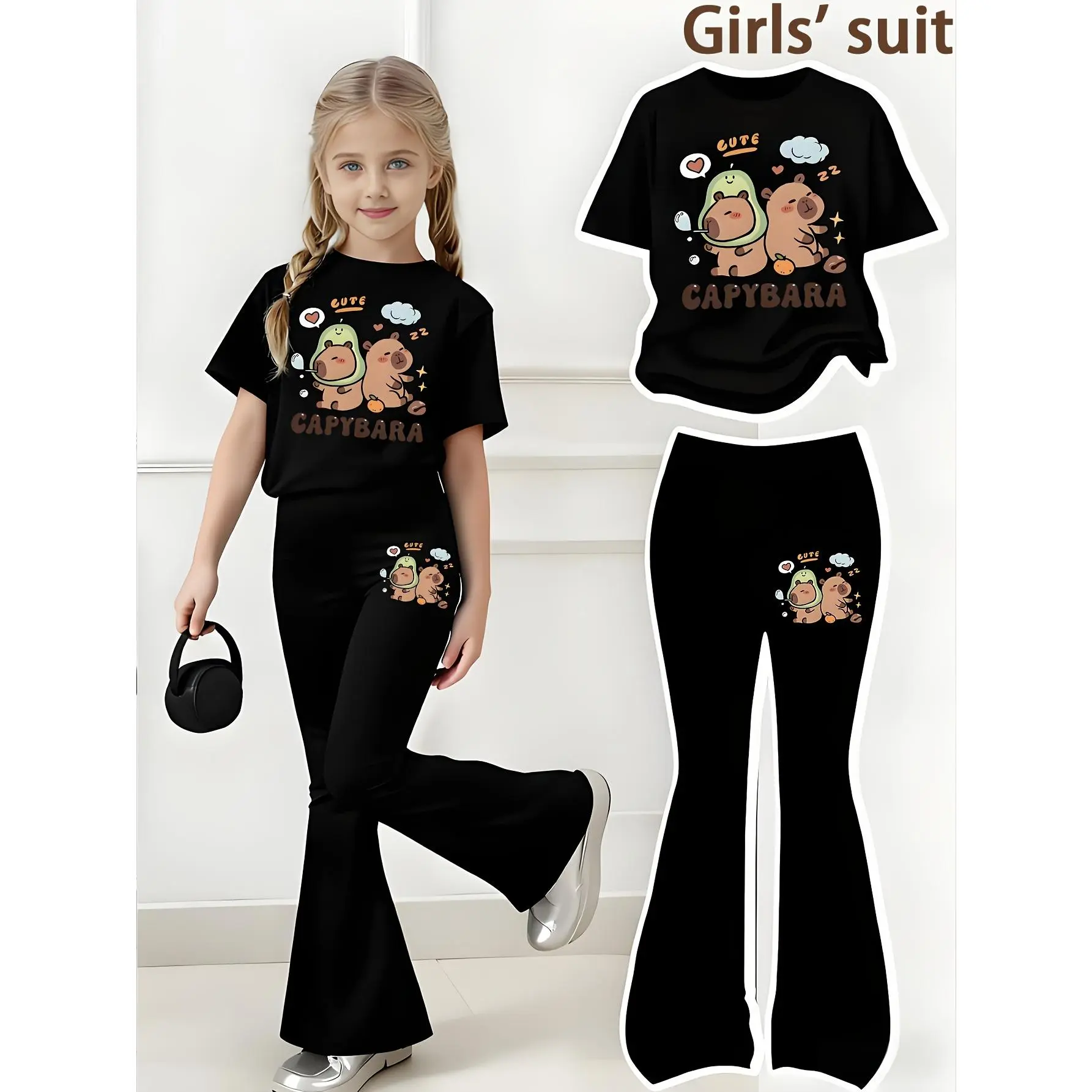 A Two-Piece Set Featuring a Pattern of Two Capybaras, Including a Short-Sleeve T-Shirt And Flared Pants. This Girls' Casual Sports Outfit Is Made with Comfortable Stretchy Waist Pants, for Outdoor