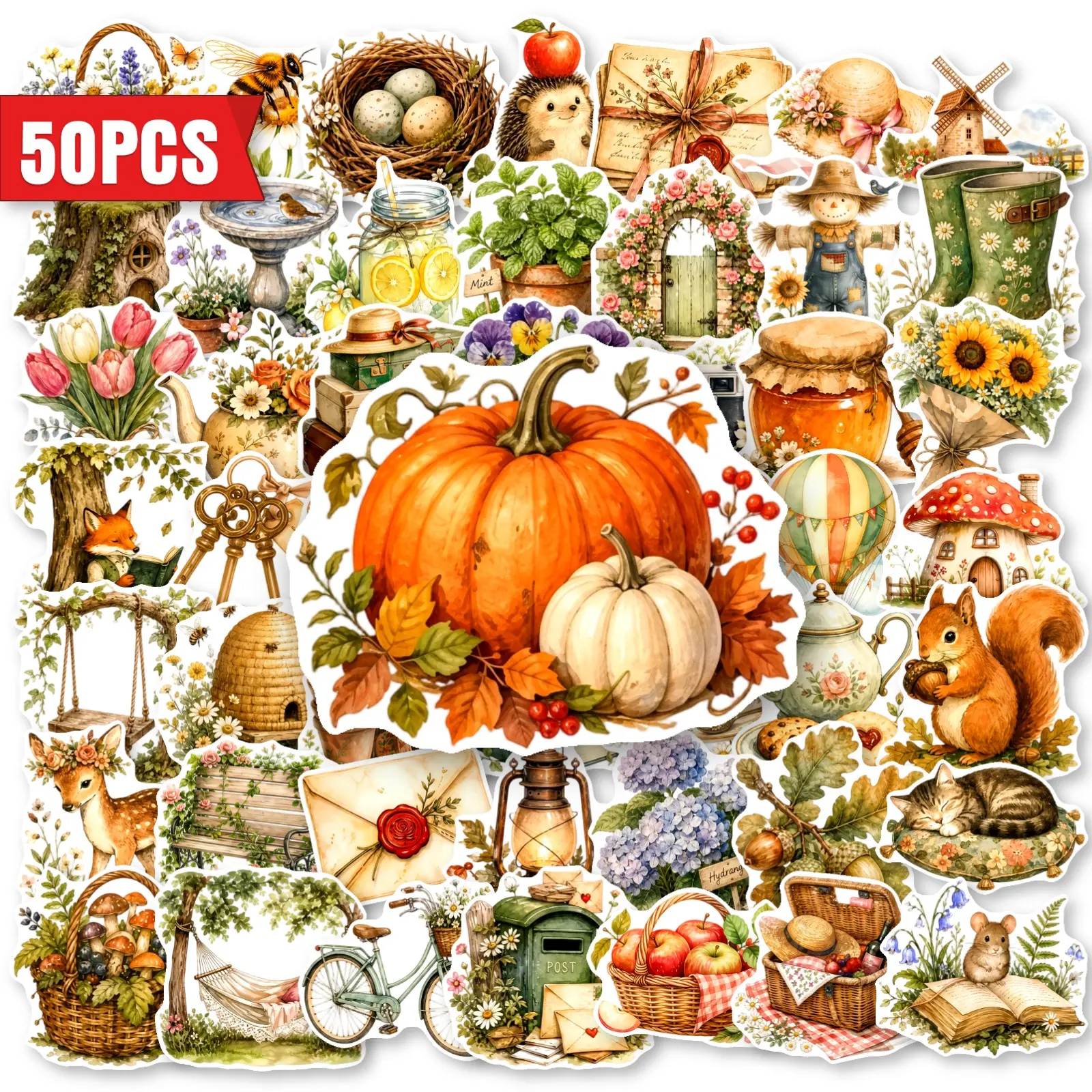 50Pcs Watercolor Fall Autumn Farmhouse Pumpkin Botanical Graffiti Stickers, Aesthetic Decor Decals for Journal Scrapbook DIY Crafts, Planner Accessories, Office Products, Back To School Stationery