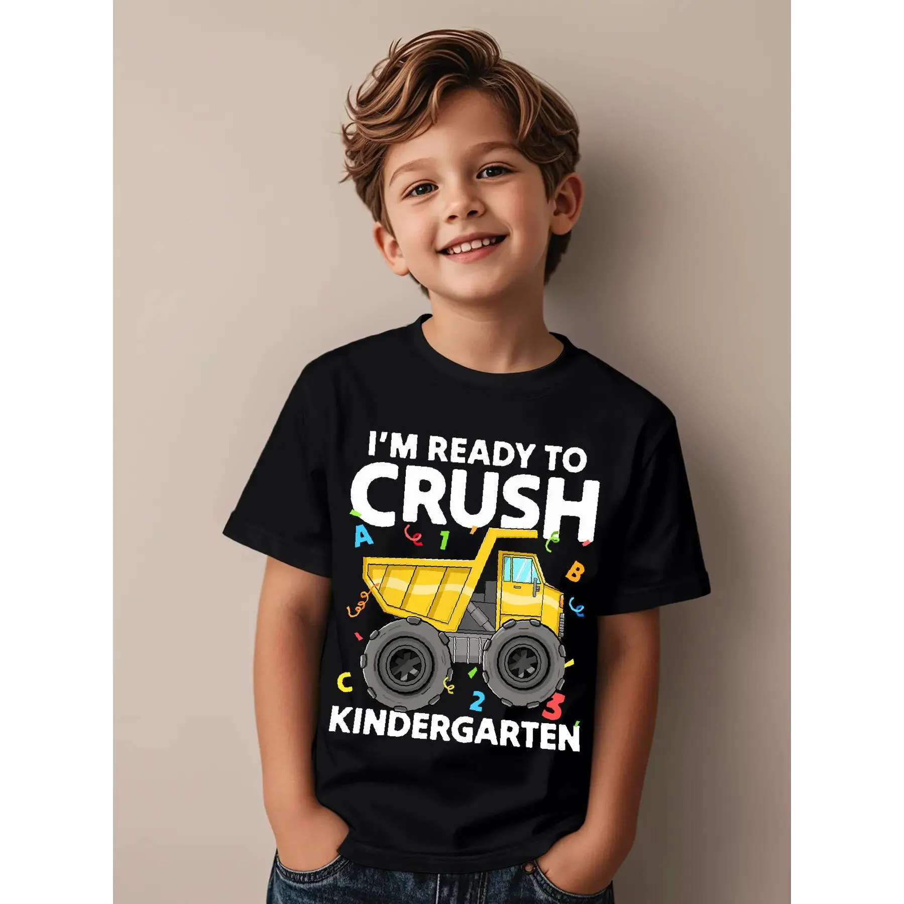 First Day I'm Ready To Crush Kindergarten Construction Truck Novelty Aesthetic Graphic Kid T-Shirt Fashion Kid T Shirts Trending Tops Tees for Kid