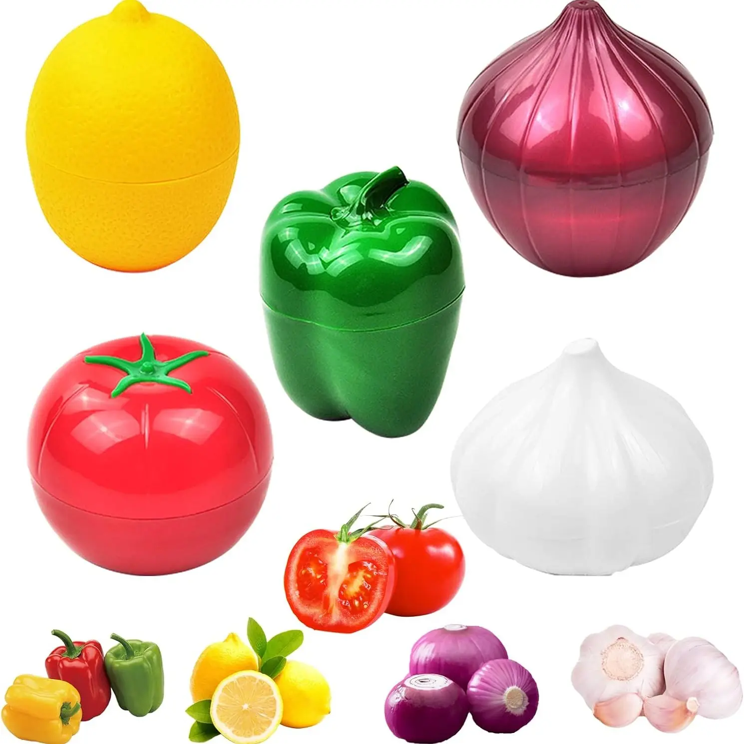 5-Piece Plastic Vegetable Storage Containers, Fruit and Vegetable Shaped Storage Boxes, Suitable for Lemon, Onion, Tomato, Green Pepper, and Garlic Storage, Reusable, Suitable for Refrigerator and Freezer Storage.