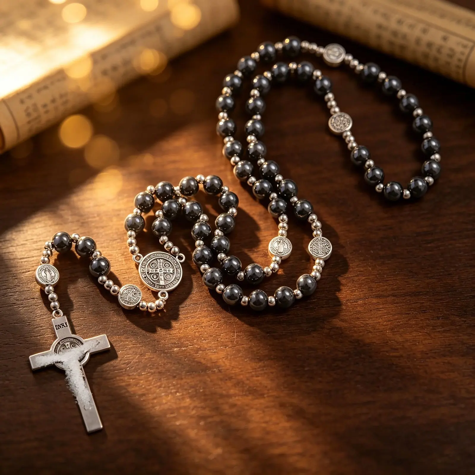 Magnetic Hematite Stone Rosary Cross Necklace - 42cm Vintage Prayer Beads, Gothic Unisex Dark Academia Aesthetic Rosaries, Christian Religious Daily Wear Jewelry Gift for Men