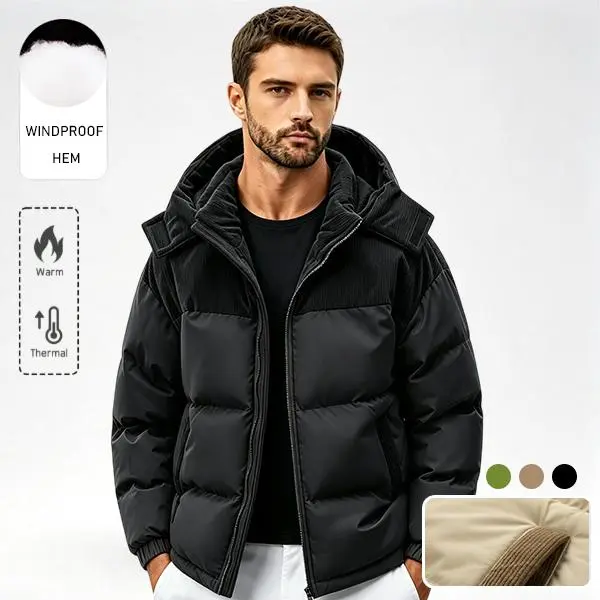 Men's hooded thickened cotton jacket, warm winter zip-up jacket, windproof loose solid-color long-sleeve jacket, perfect for daily outings in cold weather