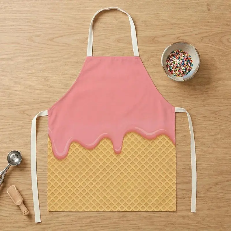 Sweet Pink Strawberry Ice Cream Waffle Cone Print Kitchen Apron For Women Girls Cute Dessert Baking Cooking Bib Cafe Waitress
