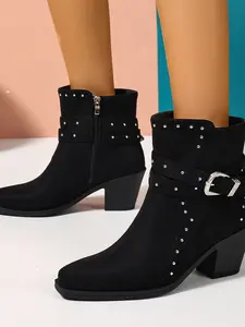 Matte Velvet Buckle Short Boots, Chunky Heel Pointed Toe, Side Invisible Zipper, Smooth On/off Design, Moderate Stability Anti-Slip