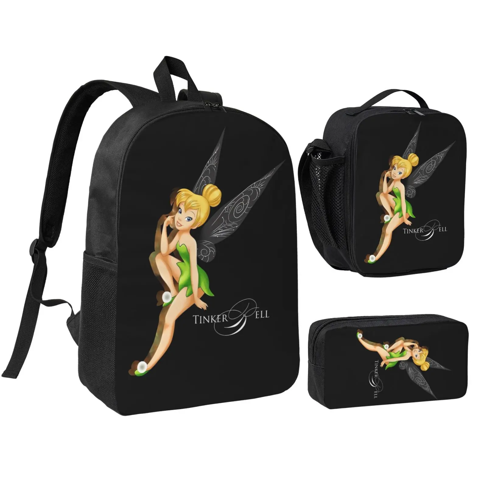 Unisex Tinkerbell4 3Pcs Backpack for Teen Girls Boys, School Bookbag with Lunchbox Pecil box, Anime backpack with adjustable straps, office travel bag Bookbag