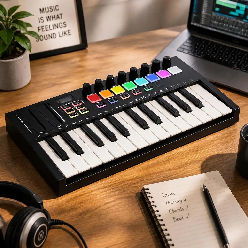 25-Key Wireless Bluetooth MIDI Keyboard Controller, Professional Dynamic Velocity-Sensitive Keybed, 8 Backlit Drum Pads & 8 Assignable Knobs, Portable Beat Maker MIDI Controller with Included Music Production Software