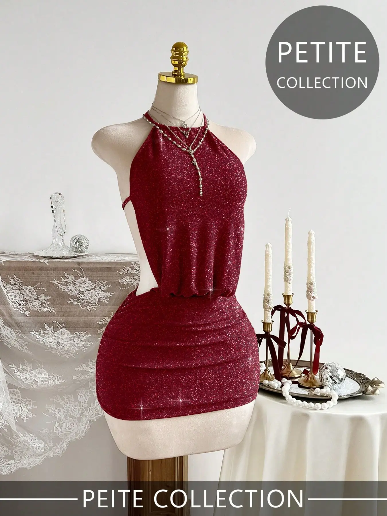 Women's Wine Sequin Halter Backless Mini Dress, High Elastic Shimmer Fabric, Tight Fit Pencil Skirt, Nightclub Party