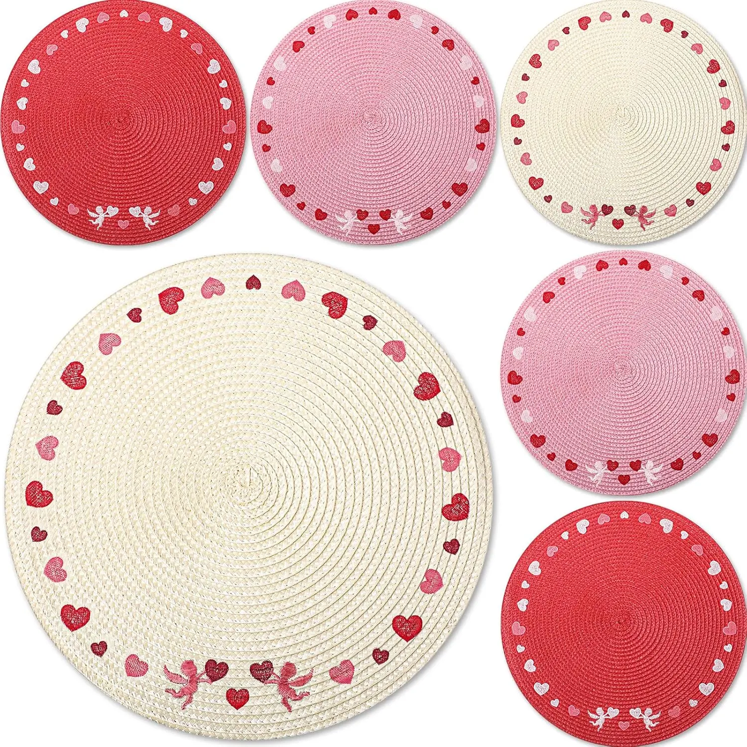 Valentine's Day Embroidered Placemats Set of 6, Round 13 Inch Washable Non-Slip Woven Table Mats Wedding Anniversary Place Mats for Dining Decoration (Red, Beige, Pink)