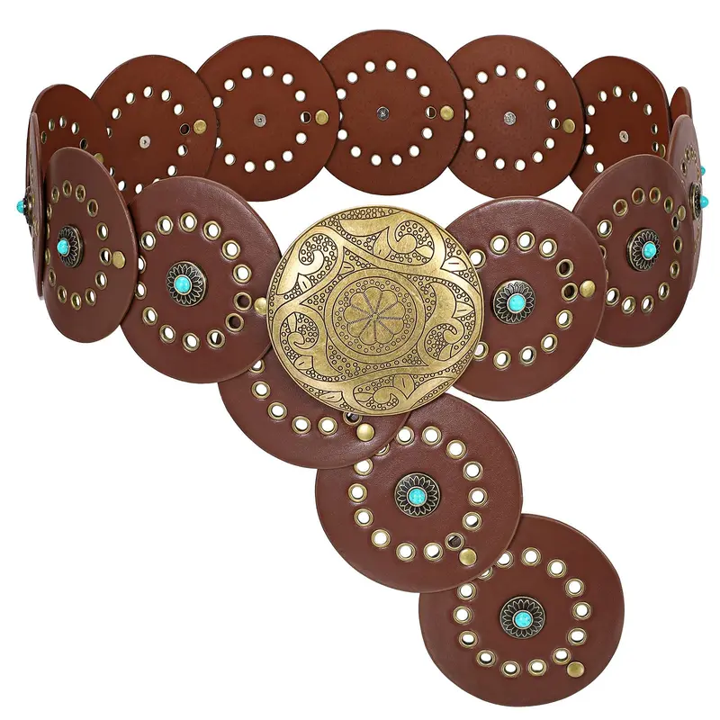 JASGOOD Women Western Concho Belts Wide Hollow Disc Leather Belt Cowgirl Boho Belt for Jeans Dresses with Metal Buckle Halloween