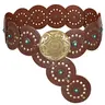 JASGOOD Women Western Concho Belts Wide Hollow Disc Leather Belt Cowgirl Boho Belt for Jeans Dresses with Metal Buckle Halloween