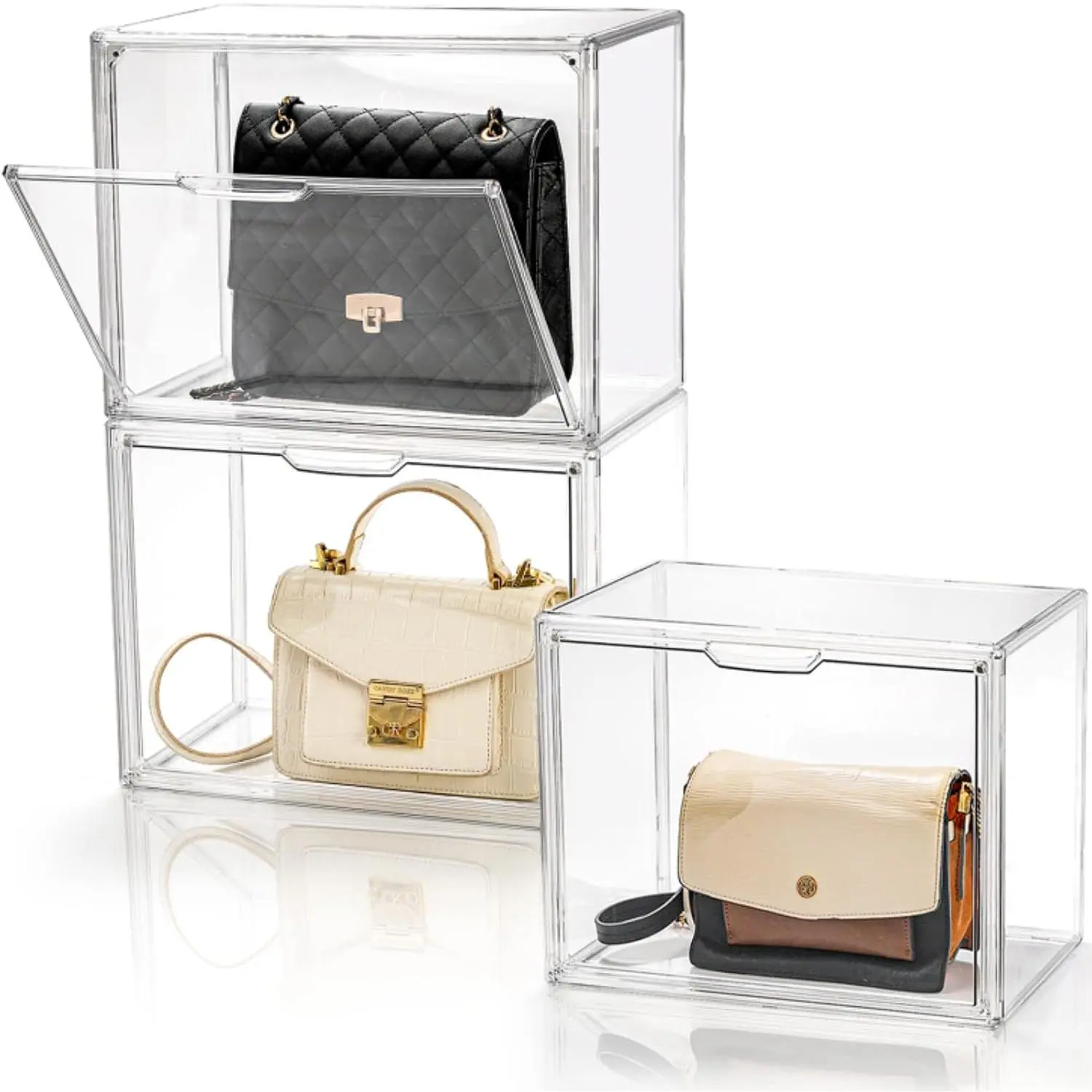 3 Pack Plastic Handbag Storage Organizer for Closet, Clear  Display Case with  Door, Luxury Stackable Purse Clutch Organization, Assemble Collectibles Boxes for Wallet, Book, Toys