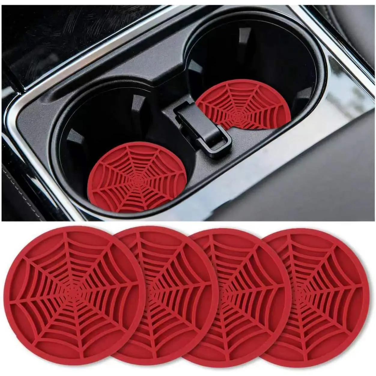 4 count   Coasters, Spider Web Non-Slip  Cup Holder Coaster  Interior Accessories, 2.75 Inch  Drink Coaster for Women Men (Red)