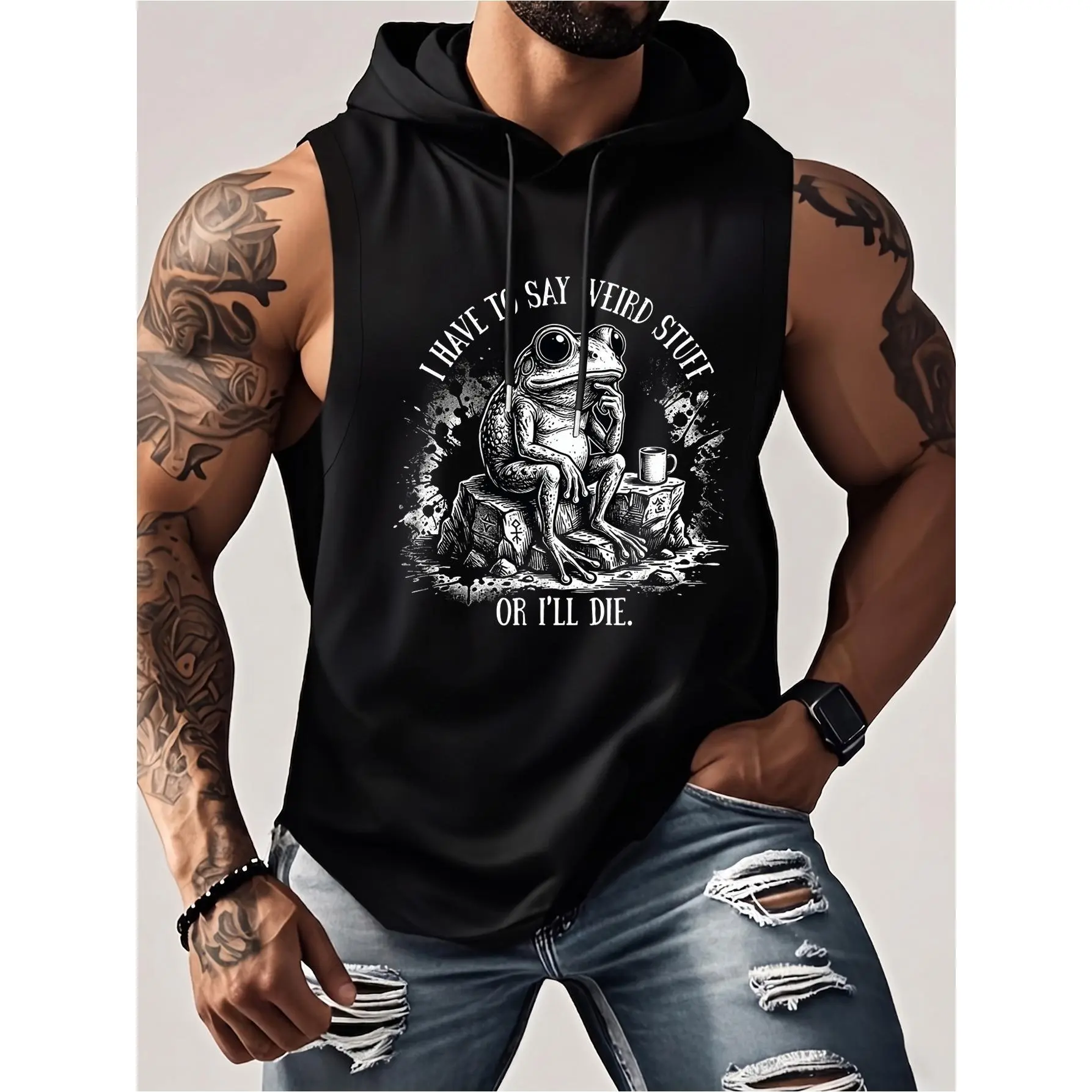 Men's Retro Futurism Stretch Hooded Muscle Tank Top - Cool-Touch Polyester Fabric Sleeveless Sweatshirt, Meditative Frog Graphic, Adjustable Hood, Streetwear Menswear Activewear for Gym, Casual Summer Wear - Machine Washable, Sweatshirts, Knit, Athletic,