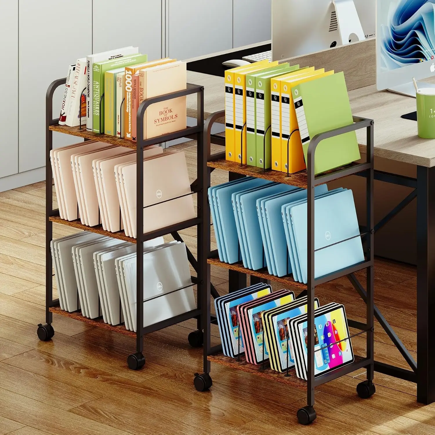 Rolling Book Cart with Removable Dividers, 3-Tier File Cart with Wheels, Utility Storage Rack for Office, , Classroom, Art  Organizer, Binder and Laptop Shelf Rack