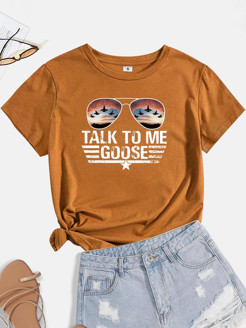 Women's Glasses & Letter Print Round Neck Tee, Short Sleeve Graphic T-shirt For Summer, Women's Top For Daily Wear