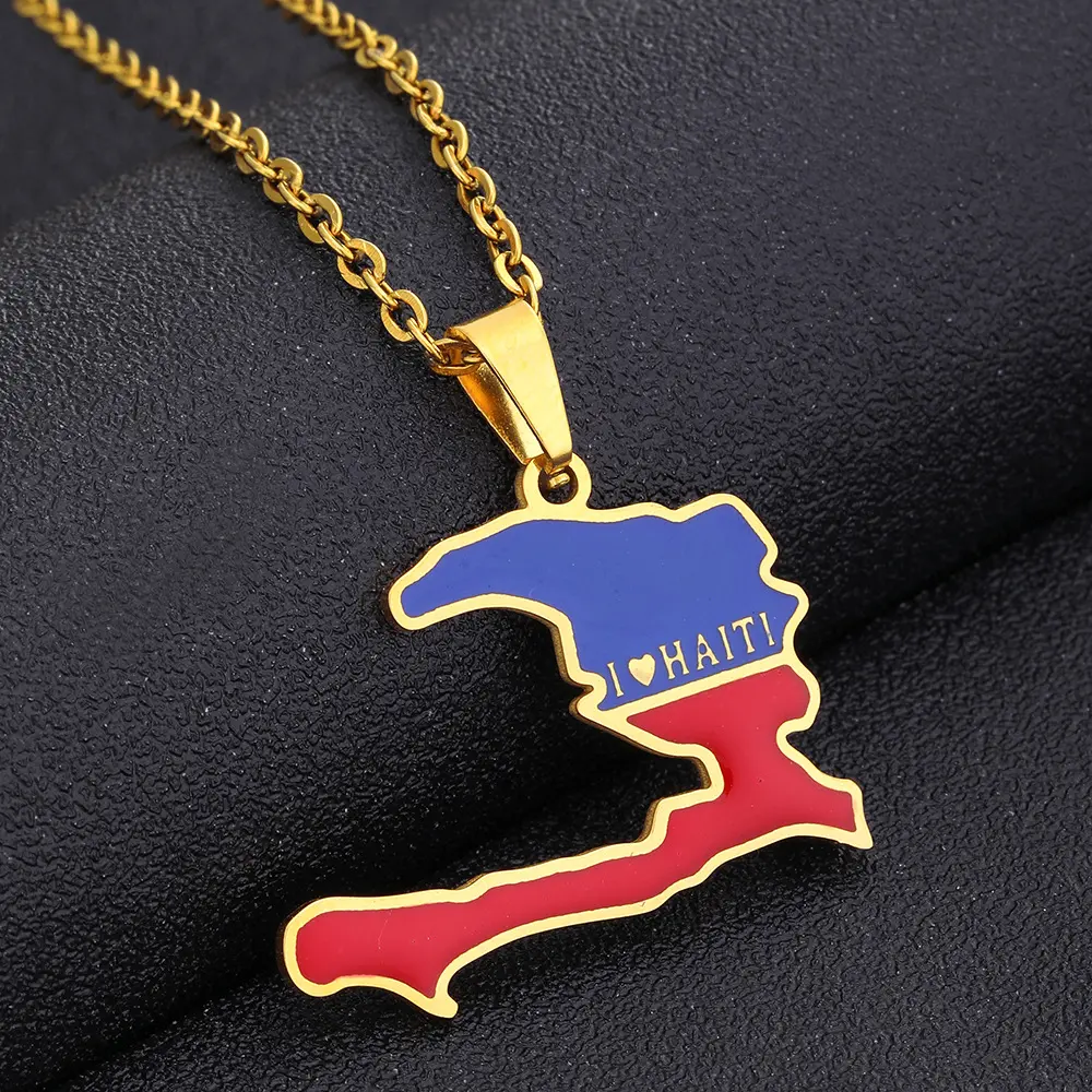 Haiti Flag Map Pendant Necklace | 2026 Football Events | Football & Basketball Fan Style | Fashion Jewelry | Couple Style | Gift Selection | Gift For Him or Her