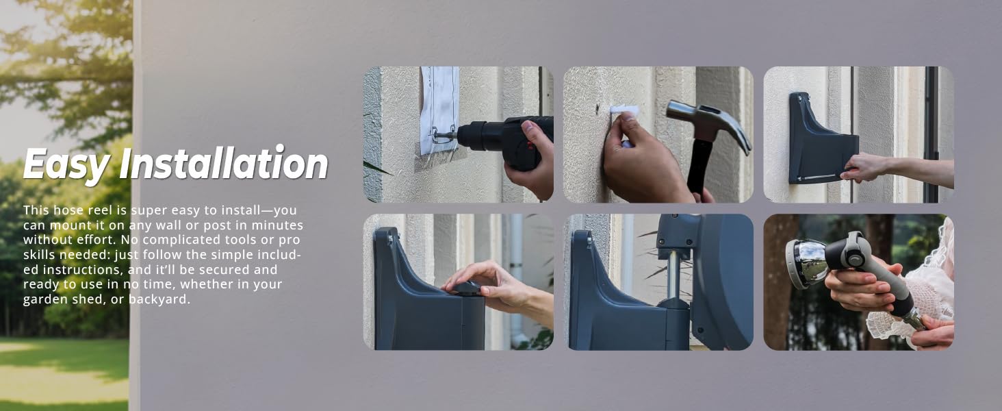 Retractable Garden Hose Reel 5/8"x100ft, 3-Ply Reinforced, High-Flow, Any Length Lock, 180 °   Swivel Bracket, Heavy-Duty Aluminum Mount, Slow Retract, Auto-Layer, 10 Spray Nozzle