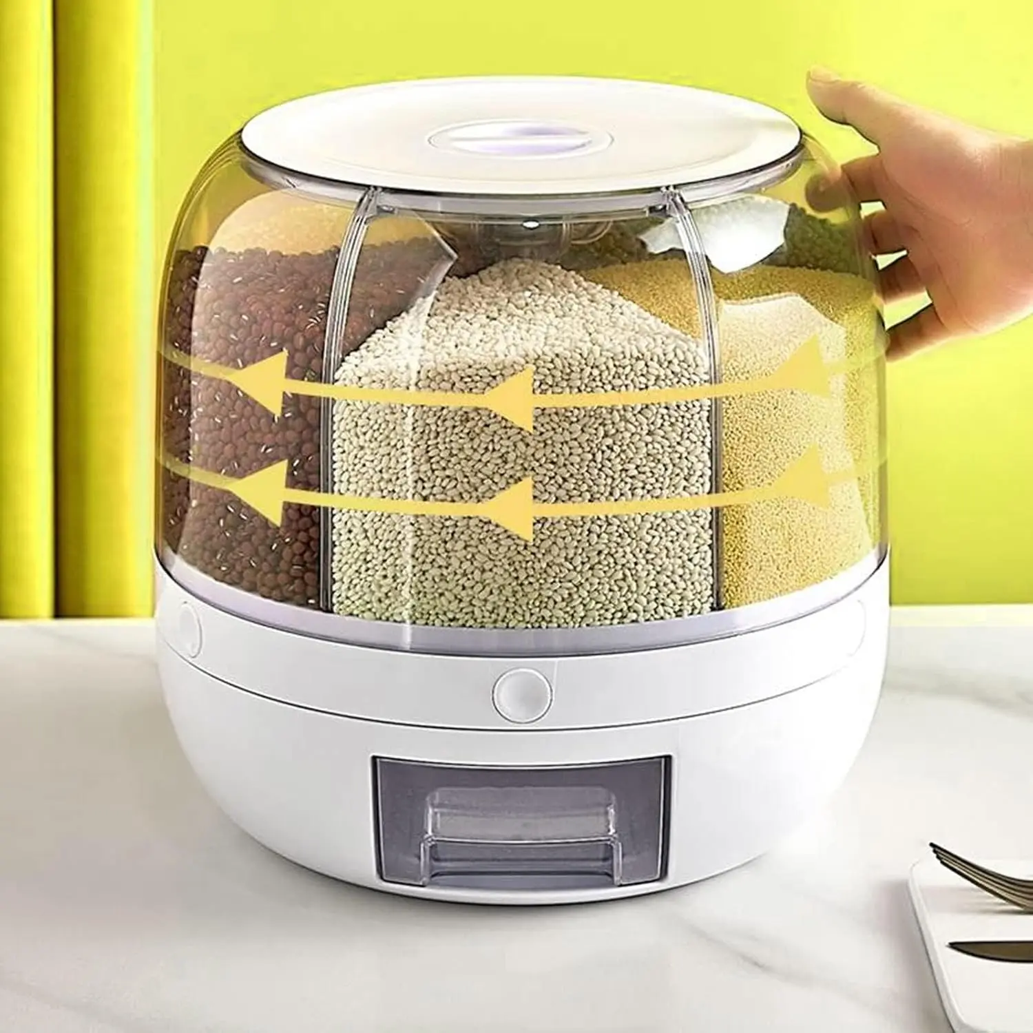 Durable 6-Grid Round Rotating Grain Dry Food Bin - White Countertop Kitchen Pantry Storage Container for Lentils, Rice - 10kg/22 lbs Max Capacity