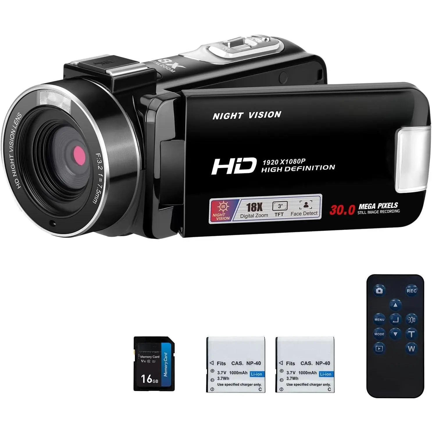 B320 1080P 30FPS Video Camera Recorder,  30MP 18X Digital Zoom Camcorder, YouTube Vlogging Camera  Night Vision, 3.0 Inch Flip Screen, 2 , Remote Control (Black)