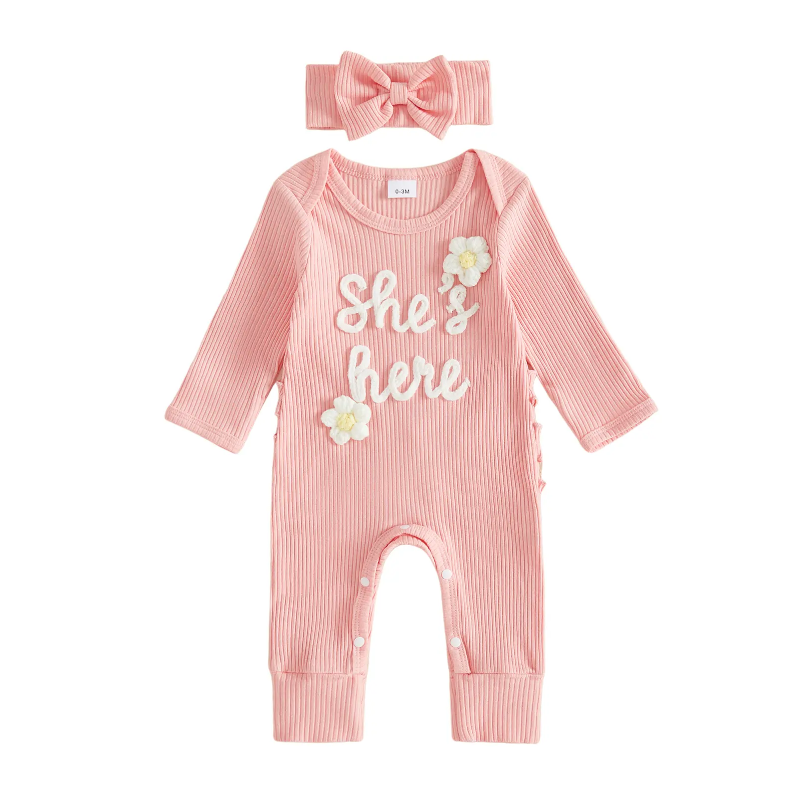 Newborn Baby Girl Floral Embroidery Romper Long Sleeve O Neck Bodysuit Headband Set 0-3 Months