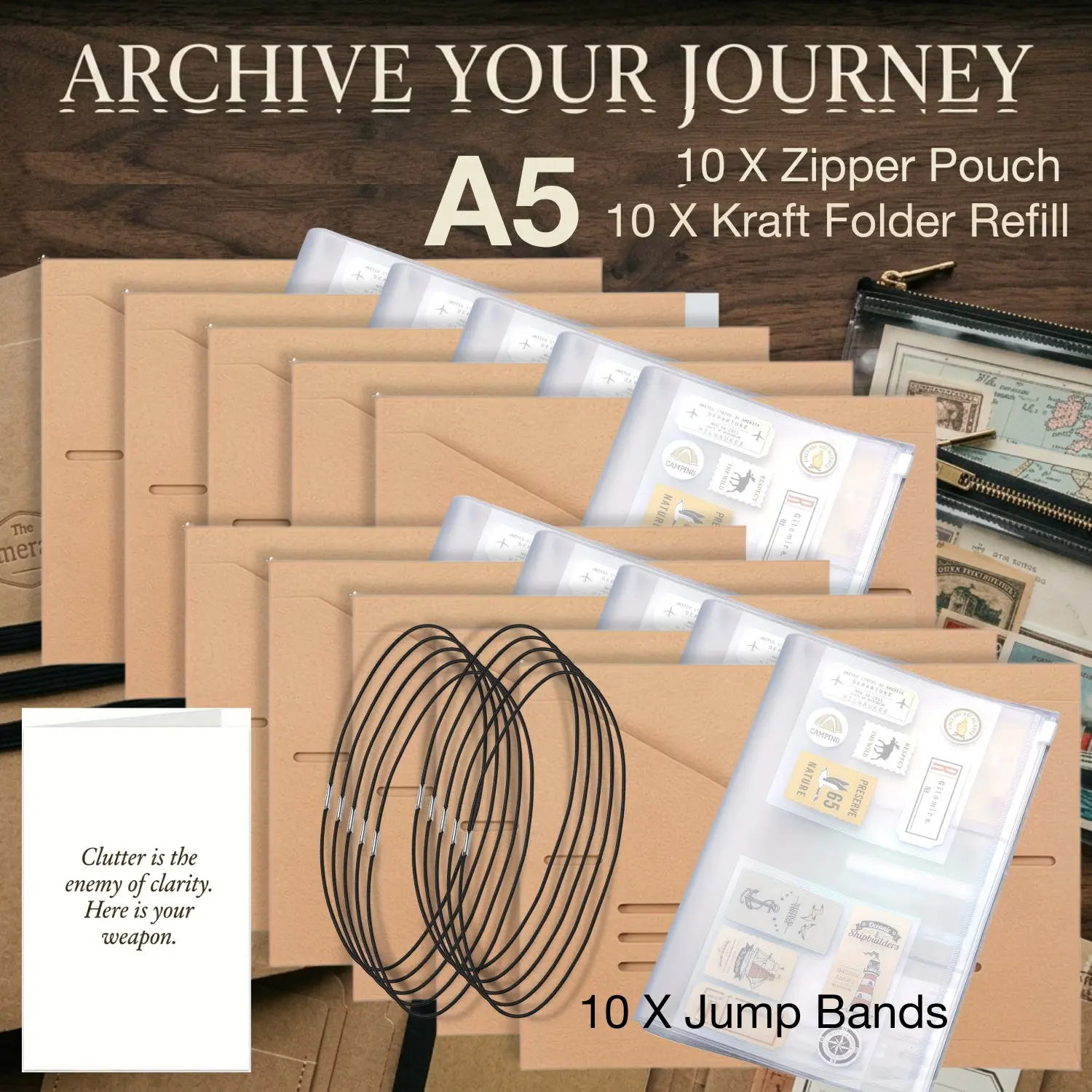 The Ephemera Vault: A5 Travelers Notebook Refills Set - 10 Kraft Folders, 10 Clear Zipper Pouches & Elastic Bands - Vintage Journaling & Aesthetic Cash Stuffing Organizer Kit