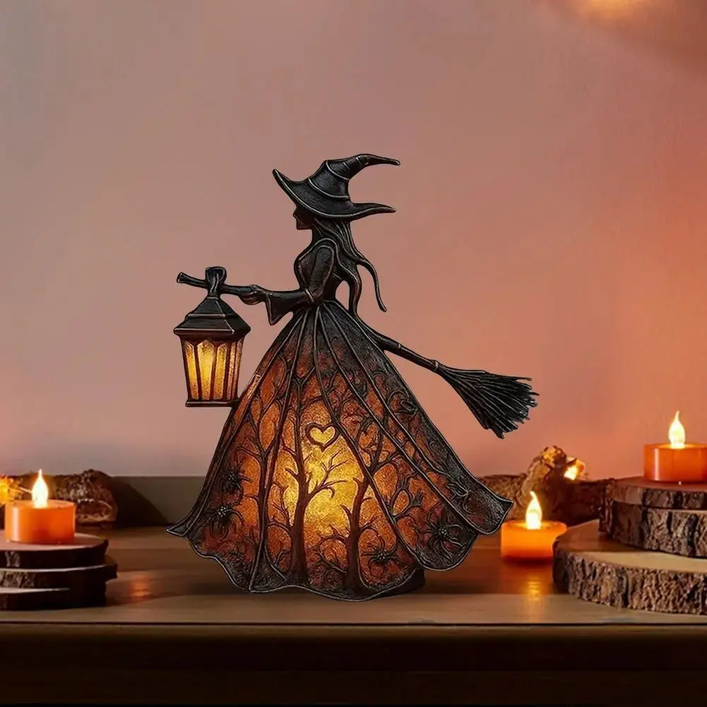 Halloween Witch Figurine, Tree Pattern Dress, Glowing Lantern, Broom Element, Home Decor, Festive Atmosphere, Halloween Decoration
