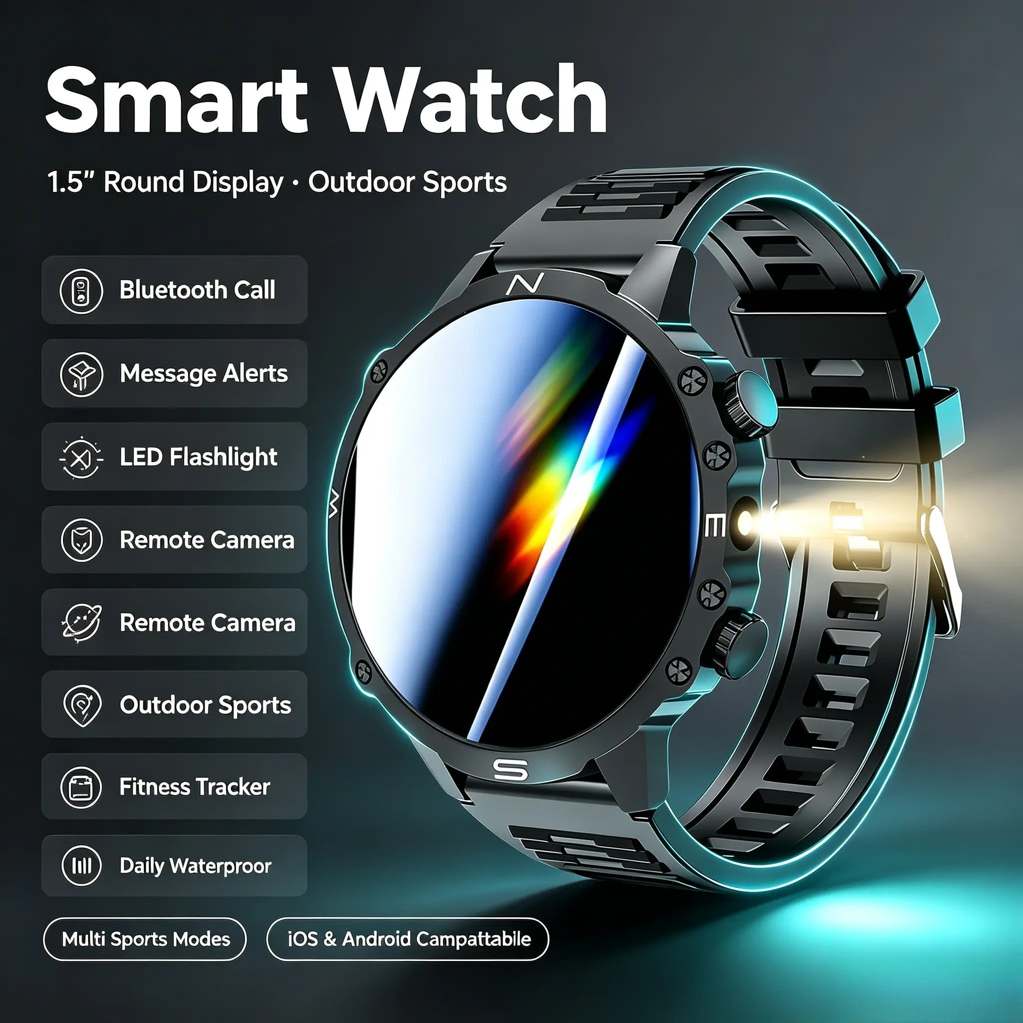 Unisex 1.5" Round HD Smart Watch for Sports & Outdoor Golf - Bluetooth Calling, Message Notifications, Multi-Sports Fitness Tracker, Calorie Counter, Flashlight, Alarm, Calculator, Compatible with iOS&Android, Ideal Gift