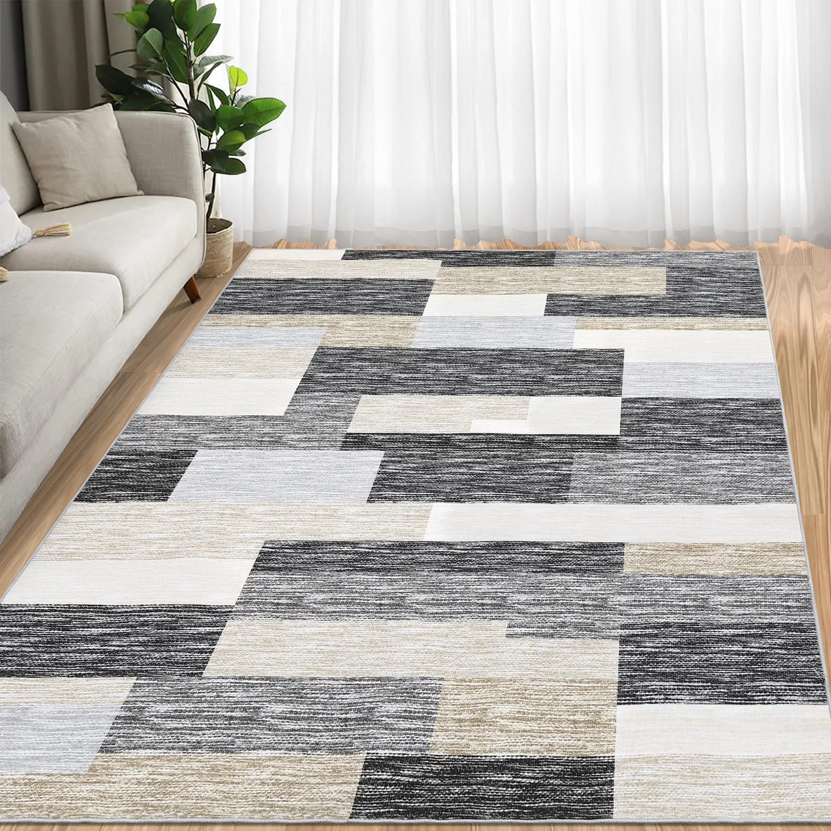 Garvee Washable Non-Slip Runner Rug, Modern Geometric Grid Patchwork Low-Pile Thin Collapsible Floor Carpet for Hallway Kitchen Bedroom Entryway - Gray Camel