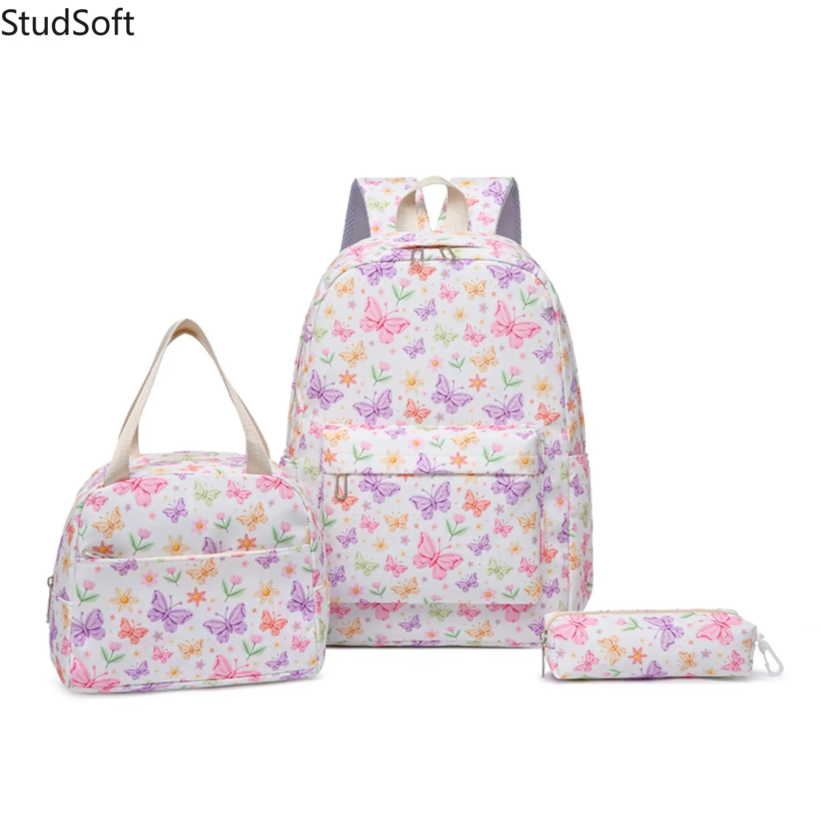 3Pcs Butterfly School Bag Set Back to School Season Gift Cute Floral Backpack with Lunch Box Pencil Case High Capacity Bookbag for Kids Girls Travel, Backpacks For School, Floral Print