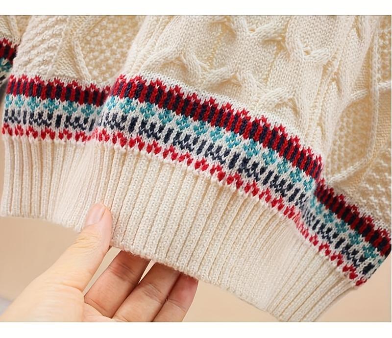 Autumn Winter New Seasonal Unisex Boys' & Girls' Sweater - Vintage Geometric Jacquard Pattern, Contrast Color Stripes, Long Sleeve Round Neck Pullover for Casual Outings, Cozy Knit Top, Casual Wear, Vibrant Pattern, Durable Knit