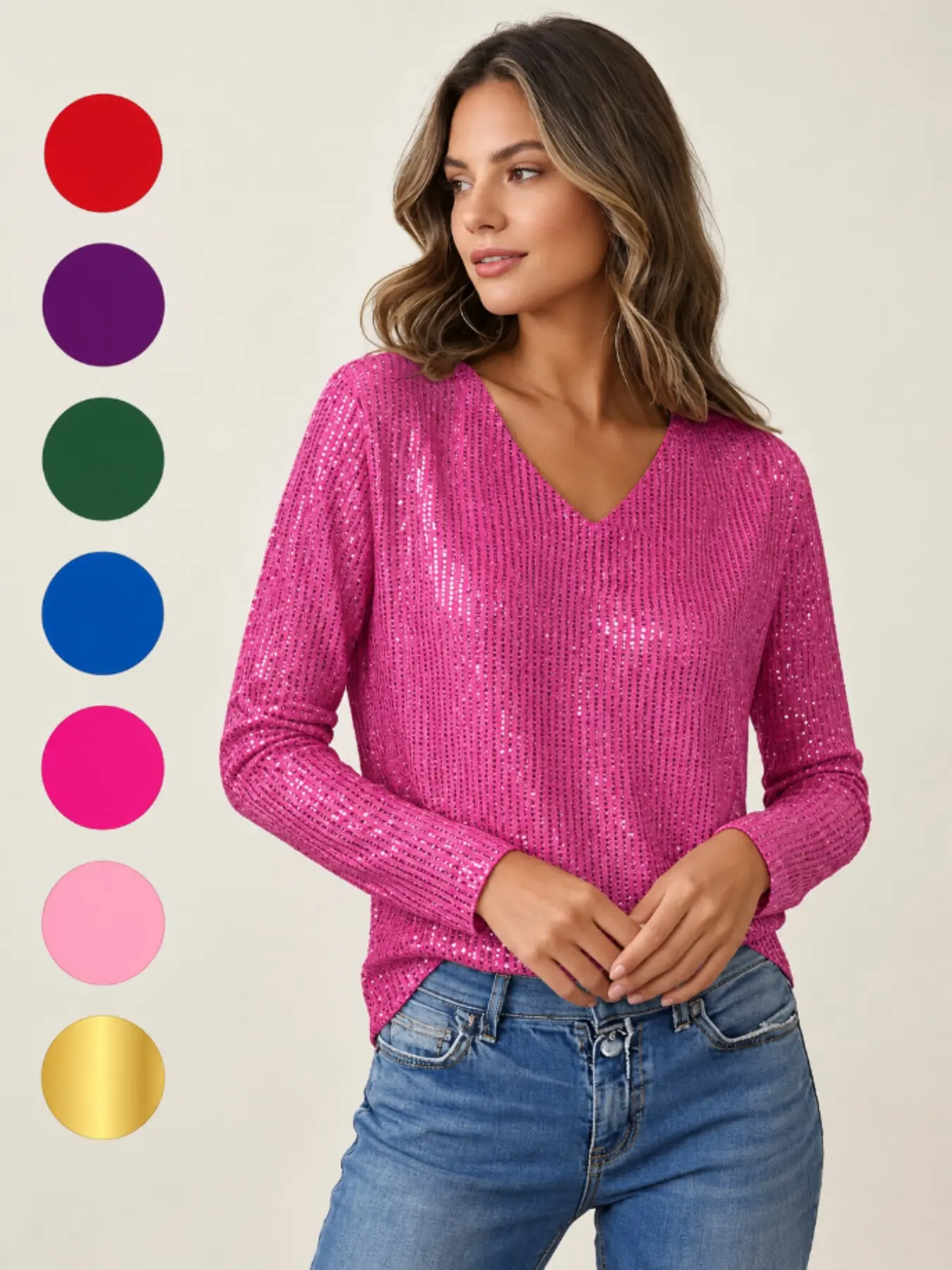 Sparkly Sequin V-Neck Long Sleeve Top – Party, Night Out & Evening Wear
