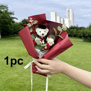 1pc Braided Flower Bouquet with Paper and Graduation Hat Bear, Artificial Eucalyptus Leaves and Bow Ribbon Decor, Perfect Gift for Graduation, Mother's Day, Birthday, Wedding