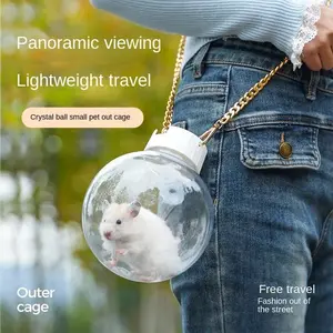 Transparent Sphere Pet Carrier with Gold and White Straps Portable Outdoor Breathable Travel Carrier for Hamster Guinea Pig Rept