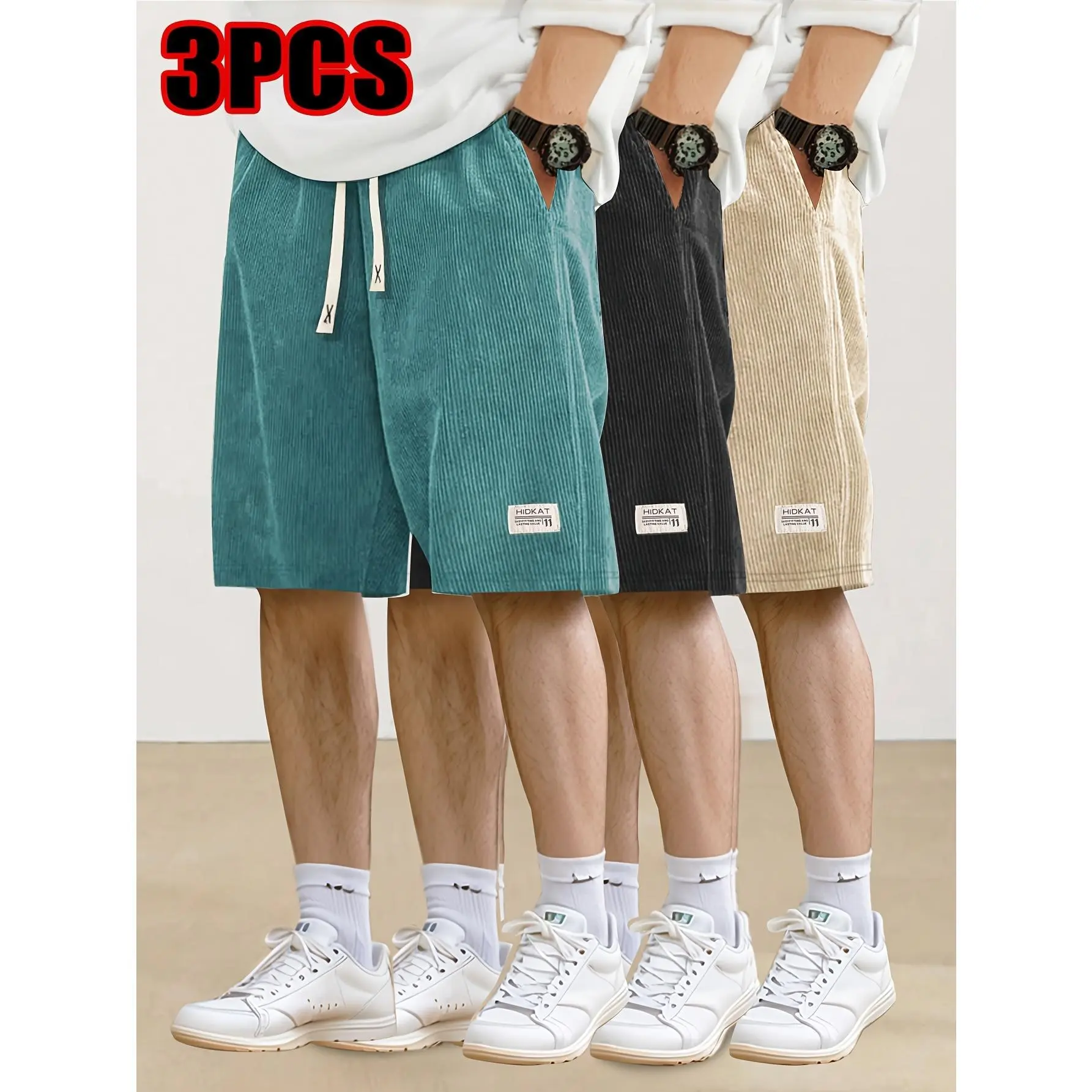3-Pack Fashion Men's Corduroy Shorts | Elastic Drawstring Waist & Back Pocket | Lightweight Summer Essential for Beach, Casual & Daily Wear