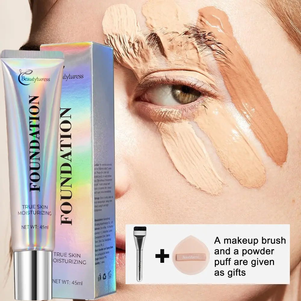 Foundation Liquid for All Skin Tones, Hyaluronic Acid Moisture, Smooths Fine Lines, Prevents Flakiness, Natural Finish, Includes Brush & Sponge