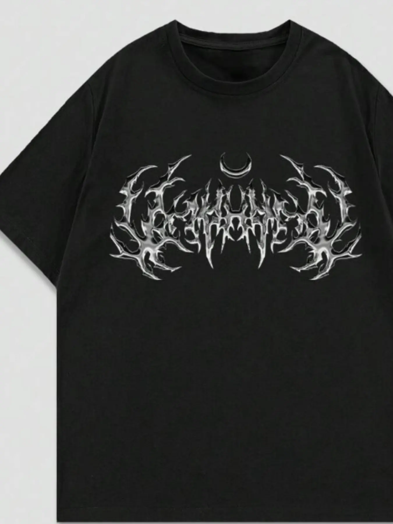 Metallic Silver Spike Death Metal Script Moon Crescent Print, Dark Gothic Subculture Crop Top, Casual Fitted Short Sleeve Tee