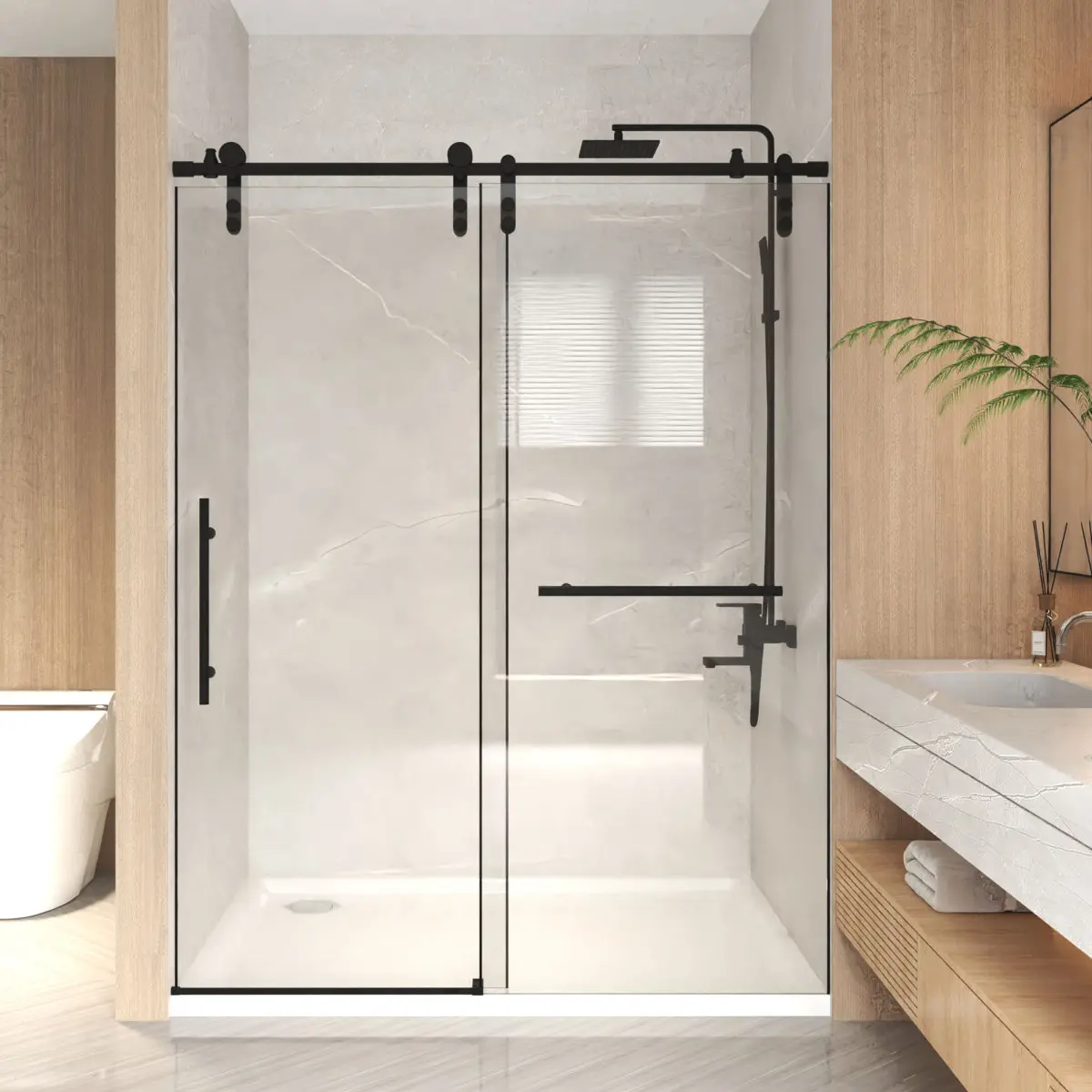 56-60" W x 76" H Frameless Sliding Shower Door – 5/16" (8mm) Clear Tempered Safety Glass, Stainless Steel Frame, Matte Black Finish, Smooth Rolling System, Rust-Proof Hardware, Modern Bathroom Upgrade