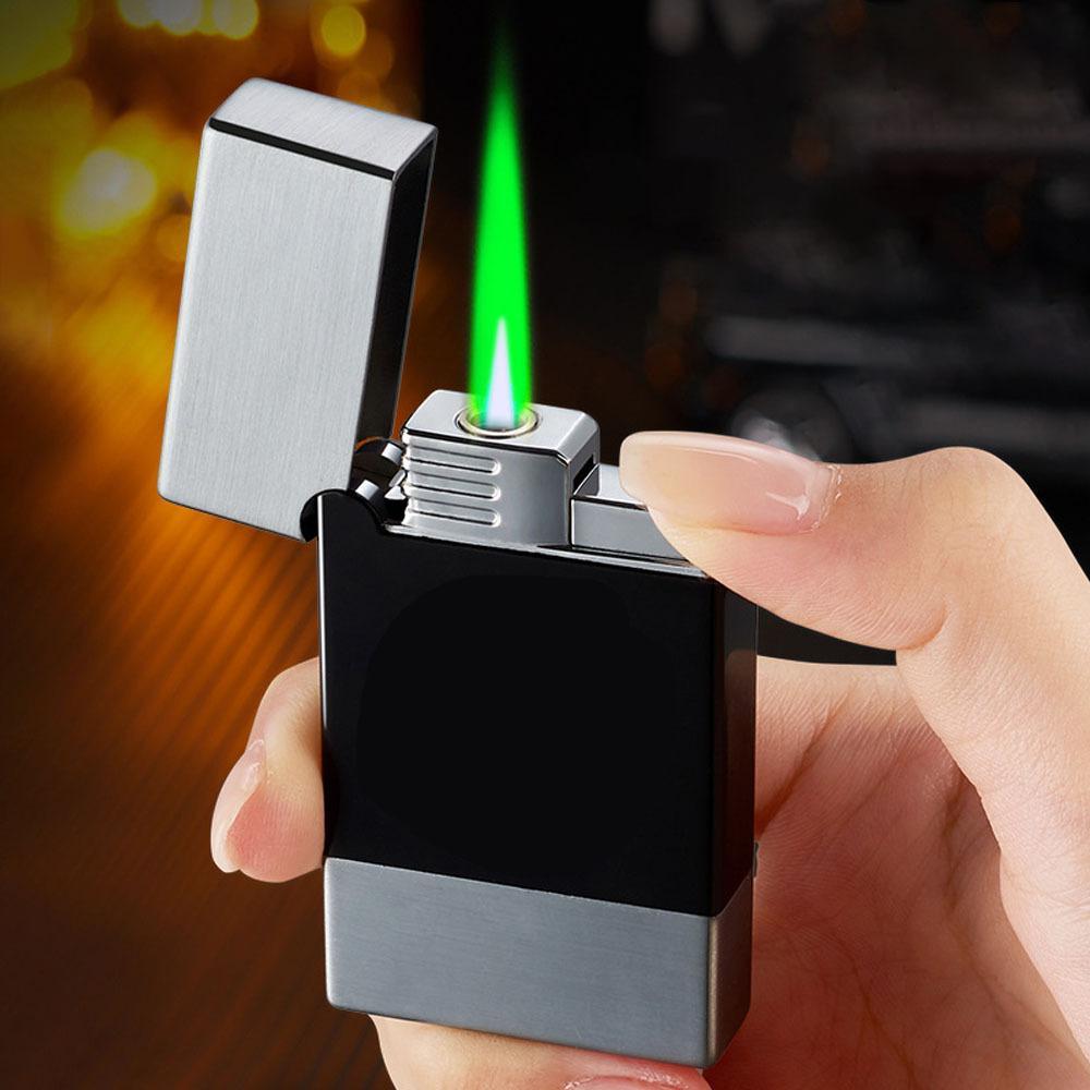 Windproof Push-Button Ignition Torch Lighter with Adjustable Green Flame, Refillable Butane Metal Jet Lighter, Portable Direct Flame, Suitable for Camping, Barbecuing, Candle Lighting, And Kitchen Use (Butane Not Included), Without Battery