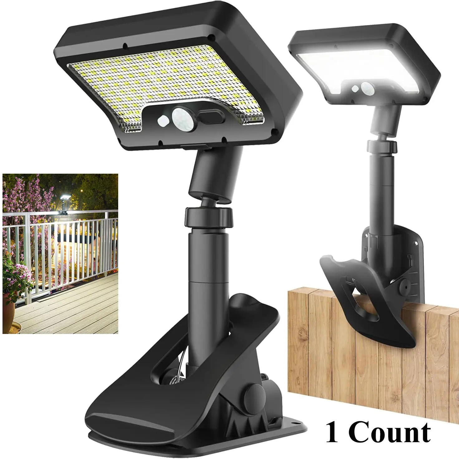 White Light Solar Clip Light Outdoor, 92led 600lm Bright, 3 Modes, Motion Sensor, 360° Rotatable Waterproof, USB Charging, Deck Gutter Drainage Patio Garden