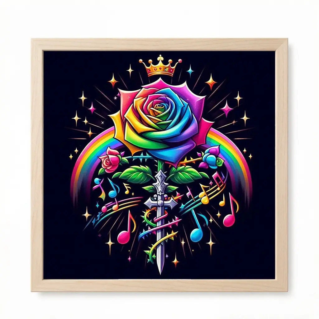 A 2D flat unframed handmade DIY diamond painting kit featuring colorful rainbow rose, crown, sword, music notes with dreamy style, ideal for home decor, gift giving and DIY enthusiasts.